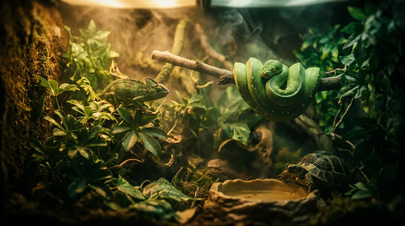 A planted bioactive terrarium with a chameleon, a green tree python and a tortoise under a basking lamp